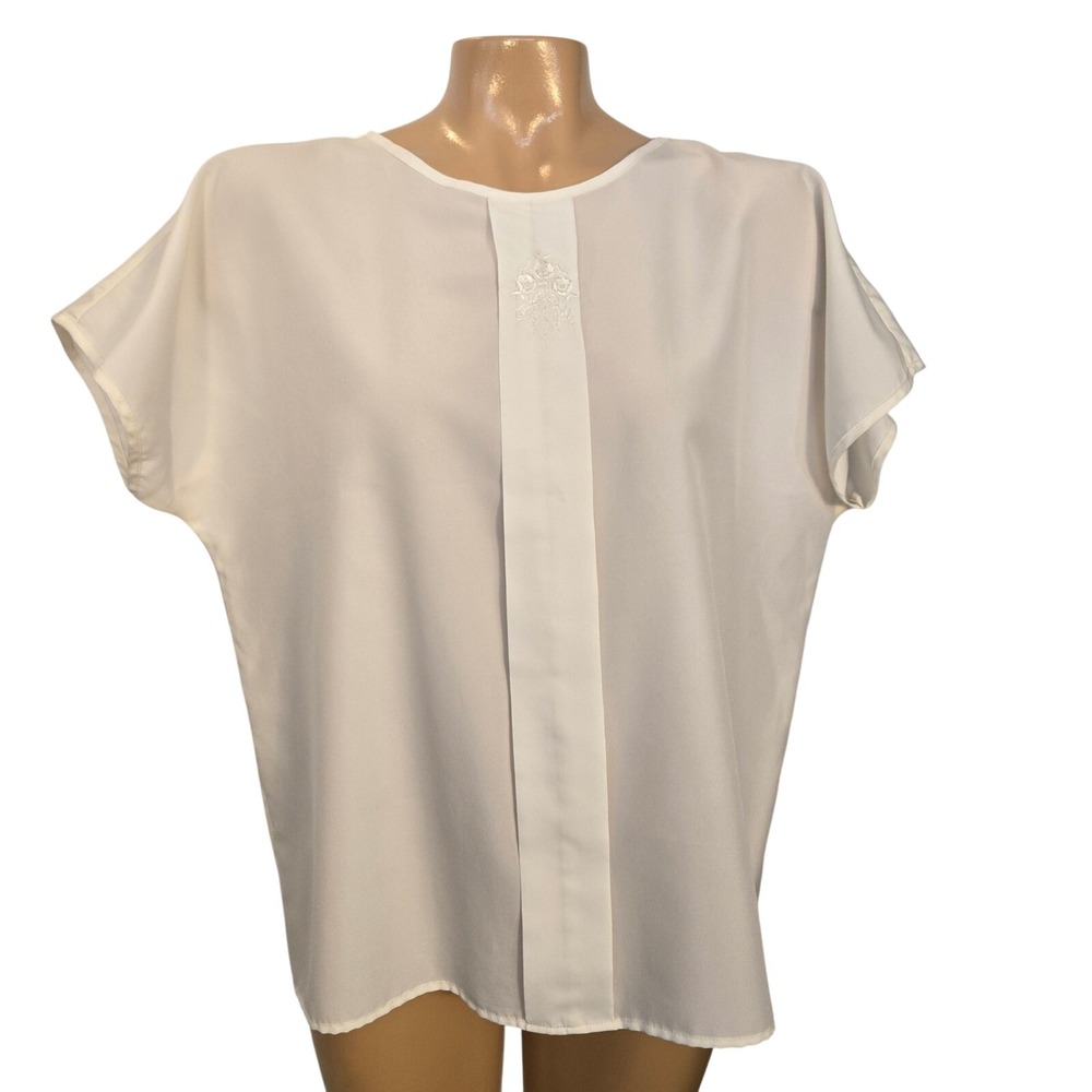 Vintage Fire Islander Women White Embroidered Short Sleeve Pleat Top Size Large‎